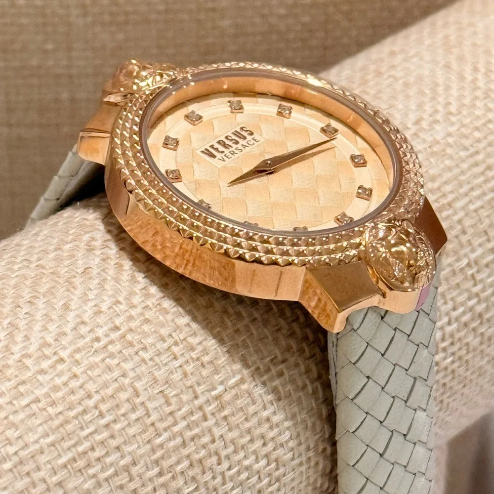Versus Versace Rose Gold Montorgueil Crystal Index Beige Band Watch, 38mm